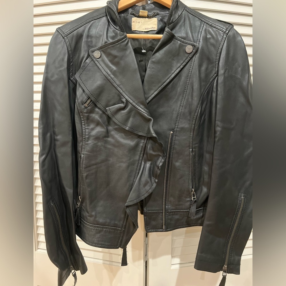 William Rast leather jacket with ruffle detail, size medium